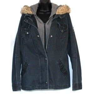 Buffalo David Bitton Womens denium Bomber Jacket  Hooded Faux fur